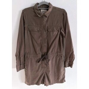 Lands End Jumpsuit Womens 8 Brown Linen 3" Shorts Utility Long Sleeve Romper